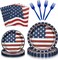 96PCS Vintage Patriotic Tableware Set for 24 Guests – American Flag Disposable Dinnerware with Plates, Napkins, Cups & Forks for 4th of July, Memorial Day & Veterans Day Celebrations